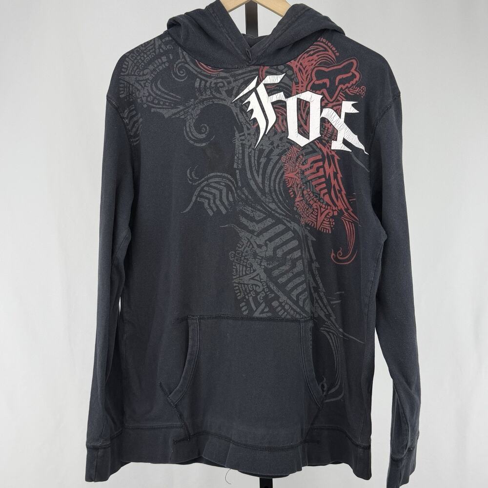 Fox Racing Hoodie Mens M Black Graphic Pullover Y2K Skate Moto Distressed